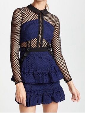Self-Portrait Hazel Mini Dress Long Sleeve Mesh Sheer Navy Blue Black Sz 8